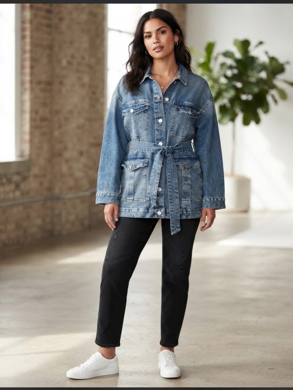 EXPRESS Women's XL Blue Denim Jacket Utility Trench Coat Belted Oversized